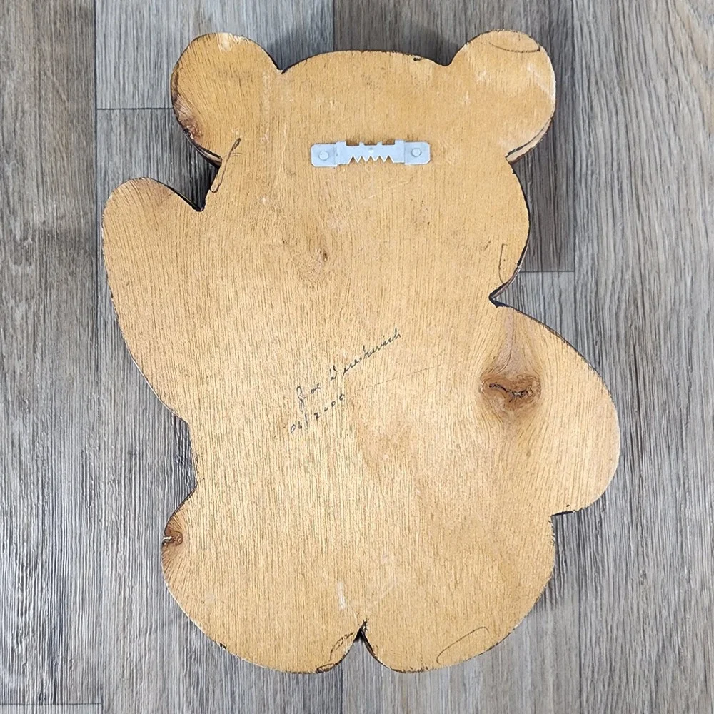 Vintage Signed Intarsia Wood Teddy Bear Wall Art‎ Plaque 2000 Cottagecore